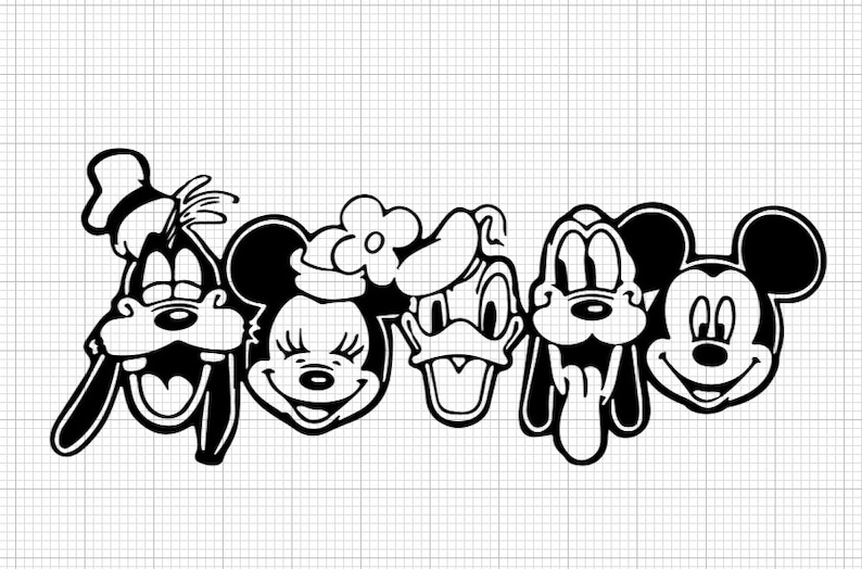 Może przedstawiać: Czarno-biała ilustracja kresk&oacute;wkowa Myszki Miki, Minnie Mouse, Kaczora Donalda i Goofy'ego. Postacie się uśmiechają i mają zamknięte oczy.