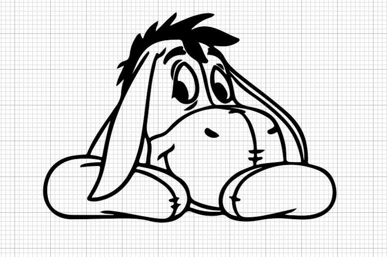 K&ouml;nnte beinhalten: Schwarz-wei&szlig;-Zeichnung eines traurigen Cartoon-Esels. Der Esel liegt mit dem Kopf auf seinen Vorderbeinen.