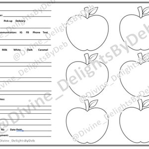 Peut inclure: Un formulaire de commande imprimable pour des friandises sur le thème de la pomme. Le formulaire comprend des champs pour le nom, le numéro de téléphone, le type de commande, la date et l'heure, le mode de communication, l'occasion, le thème, trempé dans, les couleurs, les garnitures, les suppléments, les notes supplémentaires, le coût total, le dépôt, payé, la date de paiement et le mode de paiement. Le formulaire comprend également six contours de pommes vierges que les clients peuvent colorier.