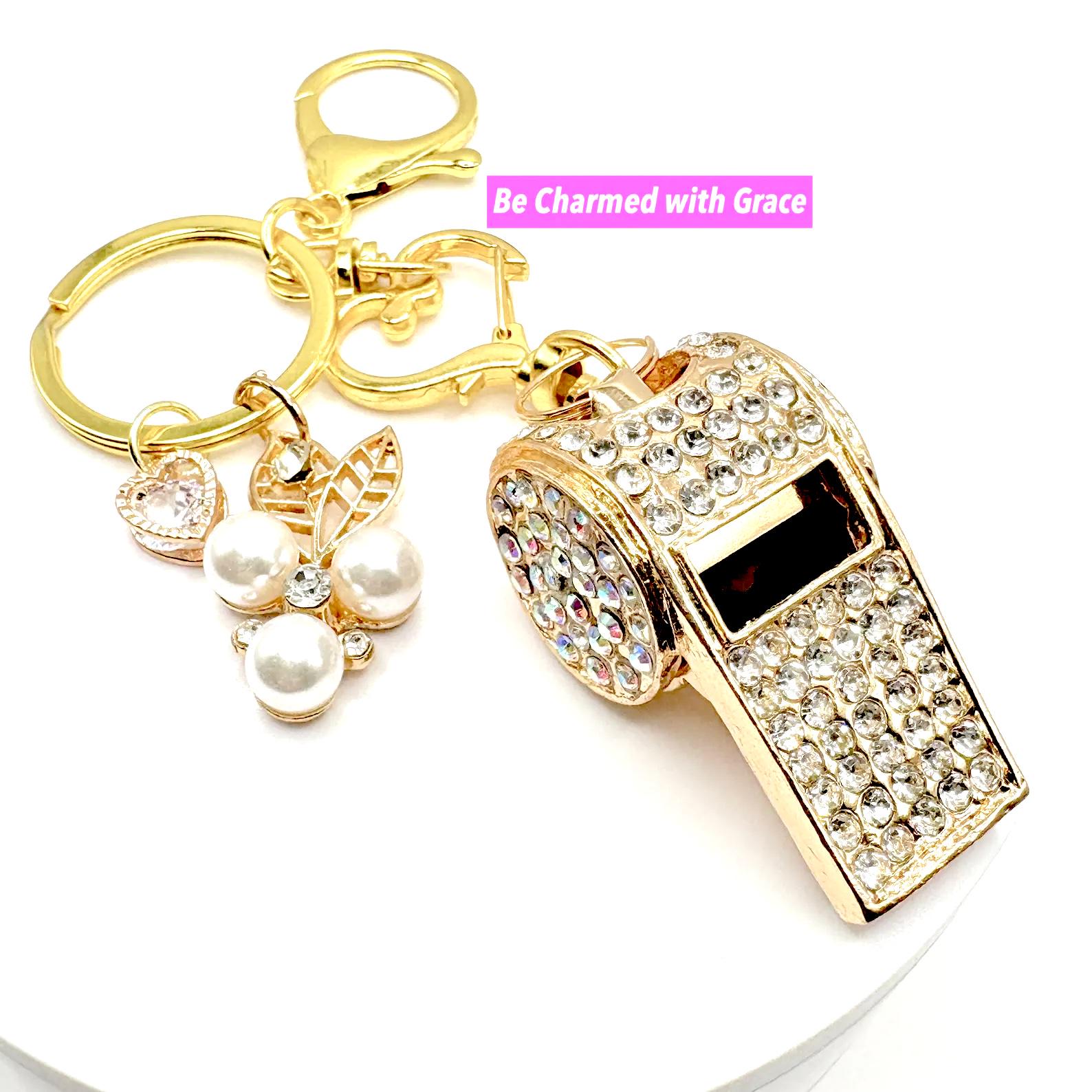 Elegant Hollywood Style Crystal Rhinestone WHISTLE KEYCHAIN, Handbag Clip Keychain, Rhinestone Whistle Purse Charms Keychain in Gold