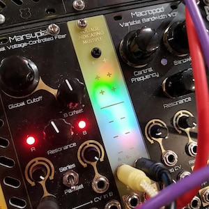 Może przedstawiać: Zbliżenie czarnego panelu syntezatora modularnego z pokrętłami, gniazdami i tekstem. Panel zawiera tekst "Marsupial" i "Macropod". Pionowy pasek świetlny wyświetla gradient kolorów. Do panelu podłączone są różne kolorowe kable.