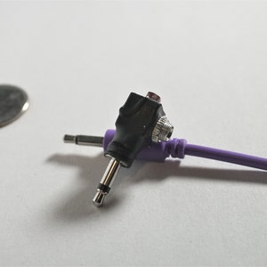 May include: A purple audio cable with a black adapter that has a 3.5mm jack on one end and a 1/4 inch jack on the other end.