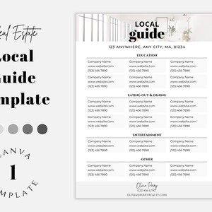May include: A black and white graphic design template for a local guide. The template includes sections for education, eating out and dining, entertainment, and other. The template also includes a contact section with the name Olivia Perry and her email address.