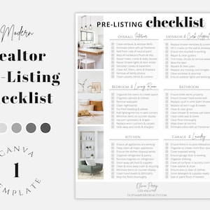 May include: A black and white checklist for realtors preparing a home for sale. The checklist includes categories such as overall, bedroom and living room, kitchen, bathroom, garage and laundry, and exterior and curb appeal. The checklist is titled "Pre-Listing Checklist" and includes a Canva logo and template number.