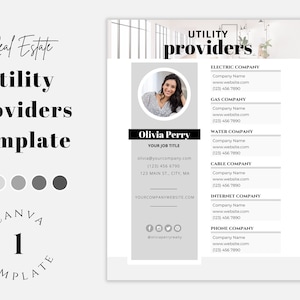 May include: A gray and white real estate utility providers template with a woman's headshot, contact information, and a list of utility providers with their names, websites, and phone numbers.