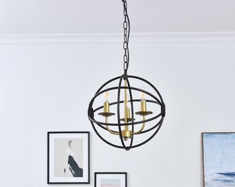 Small Pendant Chandelier Dark Brown and Brass Color Globe Orb in the Wrought Iron Style Kitchen Island Living or Dining Room 3 Light Fixture