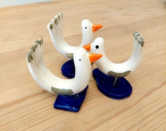 Handmade Ceramic Miniature Seagull Figures, Animal Figurine, Stoneware, Tiny Collection, Home Decor Gift For Mom