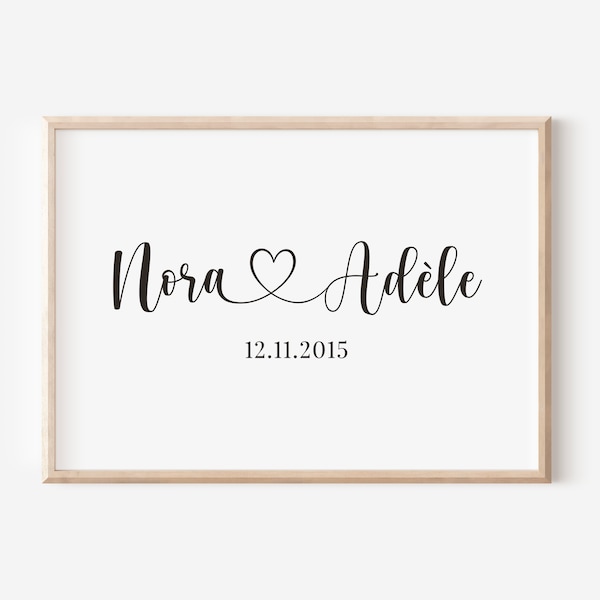 Affiche personnalisée prénoms entrelacés coeur | Idée cadeau Noël, mariage ou anniversaire