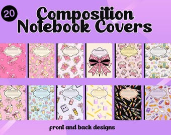 20 Editable Composition Notebook Cover Designs Bundle | Canva Template | Digital Download | Printable School Notebook Covers