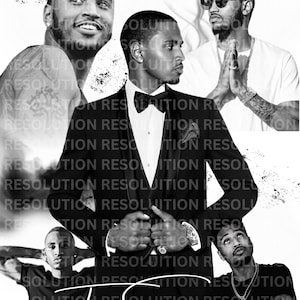 May include: Black and white collage featuring multiple images of Trey Songz. The central figure is in a black suit with a bow tie. The word "RESOLUTION" is overlaid on the images. The artist's name, "Trey Songz," is written in cursive at the bottom.