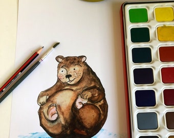 Roly poly brown bear - hand illustrated print -A4