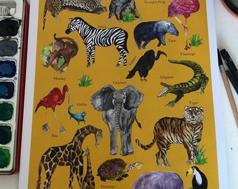 A3 Wild animals print - hand drawn art work