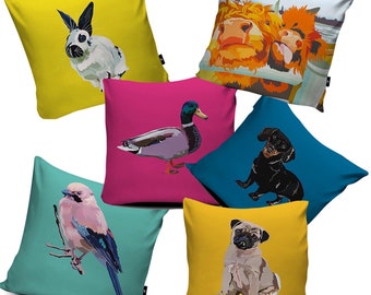 Handdrawn illustration mix of animals & colours Vegan Suede cushion 43cm x 43cm -Handmade in UK.(Dachshund, Pug, Rabbit, Mallard Duck, Bird)