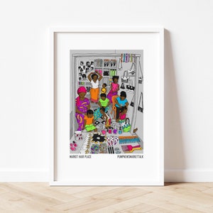 Market Hair Place|West African street scene|West African art|printable art|digital art print|African art print|colourful wall art
