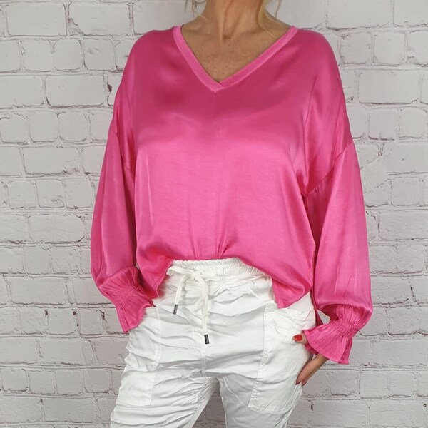 Damen Bluse Oberteil Langarm Italienische Mode Boutique Einheitsgröße Pink