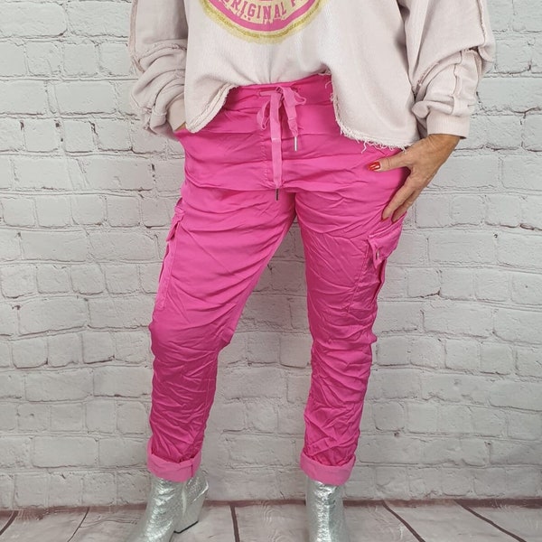 Damen Cargo Hose Glänzend Stretch Knitter Pink Einheitsgröße