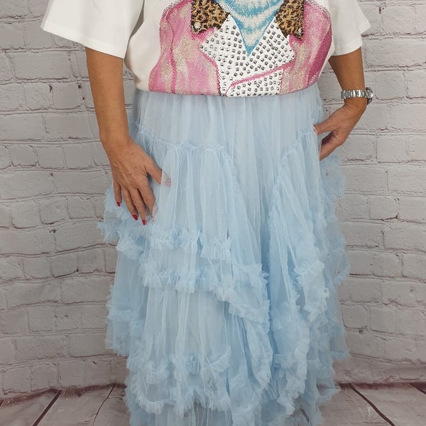 Women's Tulle Skirt Long Italian Fashion One Size Light Blue