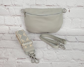 Crossbody Tasche mit Zusatzgurt Echt Leder Hellgrau Grau