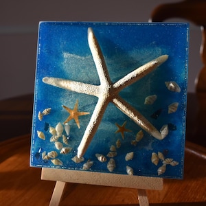 Caribbean Ocean Starfish and Shells with Easel Beach Decor, Resin Art, Epoxy Art, Sea scene, Shell Decor, Seascape, Coastal Art, Resin Art