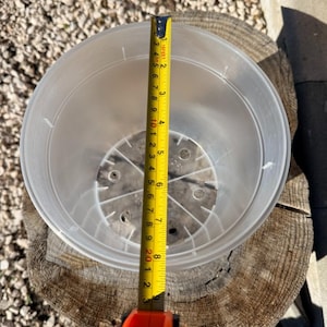 Könnte beinhalten: Ein durchsichtiger Kunststoff-Pflanztopf mit einem Durchmesser von etwa 20 cm wird mit einem gelben Maßband gemessen. Der Topf steht auf einem Baumstumpf. Das Maßband ist orange und gelb.