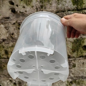 Könnte beinhalten: Ein durchsichtiger Plastik-Pflanztopf mit Abzugslöchern im Boden. Der Topf hat eine strukturierte Oberfläche und ist zum Pflanzen von Pflanzen gedacht.