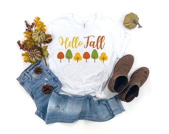 Koszulka Hello Fall - Koszulki jesienne - Urocze koszulki jesienne - Koszulka z grafiką jesienną - Damska koszulka jesienna - Koszulka z podziękowaniami - Koszulka z napisem jesiennym - Koszulka z dynią