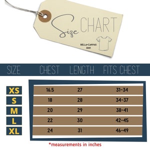 May include: Size chart for Bella + Canvas 3001 t-shirts, showing chest and length measurements in inches for sizes XS, S, M, L, and XL. The chart also shows the corresponding chest fit for each size.