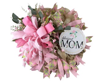 pink and gold happy mother's day wreath with florals and greenery, spring floral wreath for mom, pink flowers blessed mom wreath