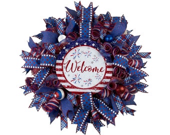star spangled banner 4th of July patriotic wreath, stars and stripes independence day wreath for font door, patriotic mantle wreath