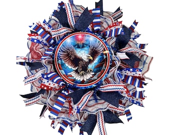 red, white and blue Patriotic Pride American Eagle wall decoration, stars and stripes 4th of July front porch wreath,