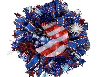 glitz and glam 4th of July patriotic front door decoration, American flag fireworks front porch wreath