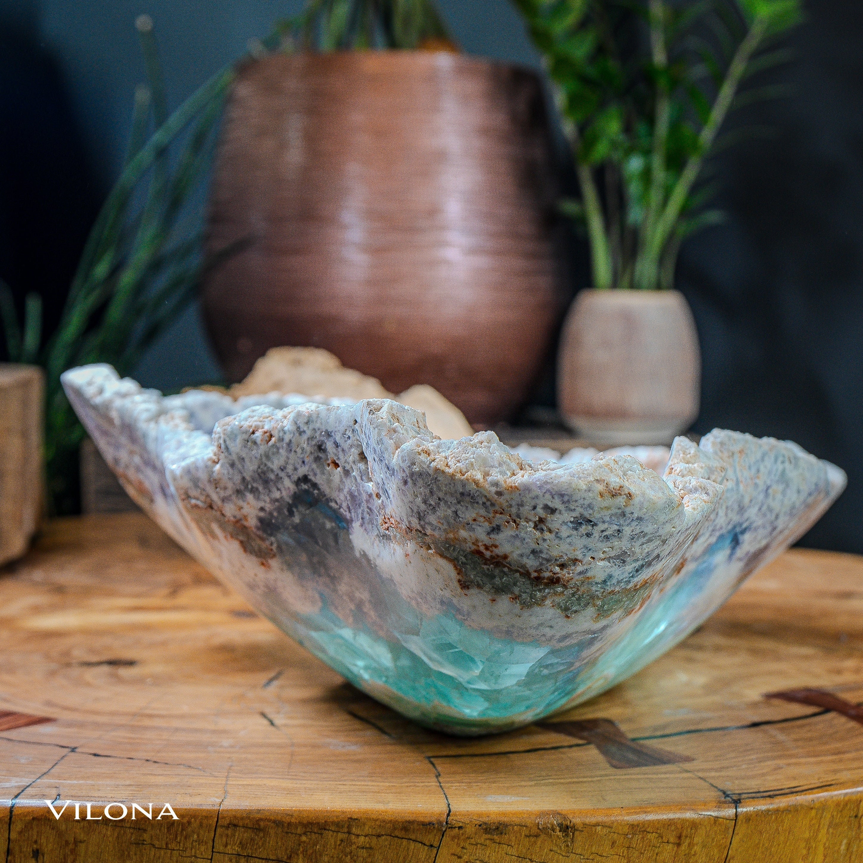 Hand Carved Green Fluorite Bowl: Unique Stone Decor (19