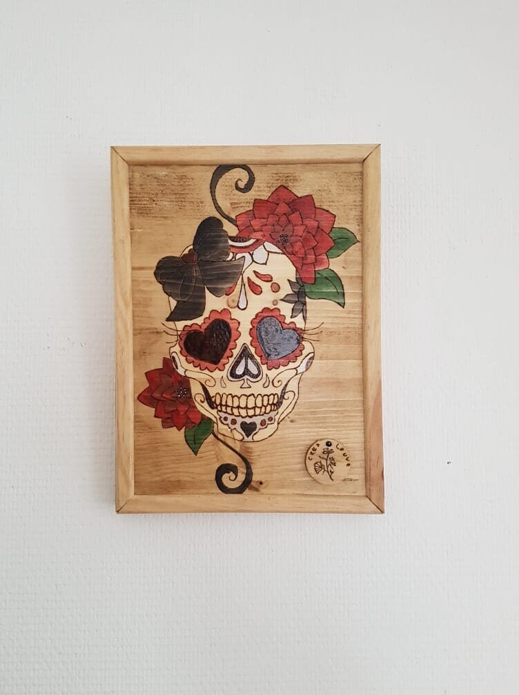 Crâne Calavera Pyrogravure