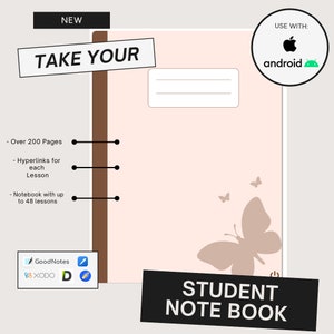 以下が含まれることがあります： 蝶の模様がついたピンクの学生用ノート。ノートは茶色の背表紙で、GoodNotes、XODO、Notabilityアプリに対応しています。表紙には黒い文字で「TAKE YOUR」と書いてあります。表紙には黒い文字で「STUDENT NOTE BOOK」と書いてあります。