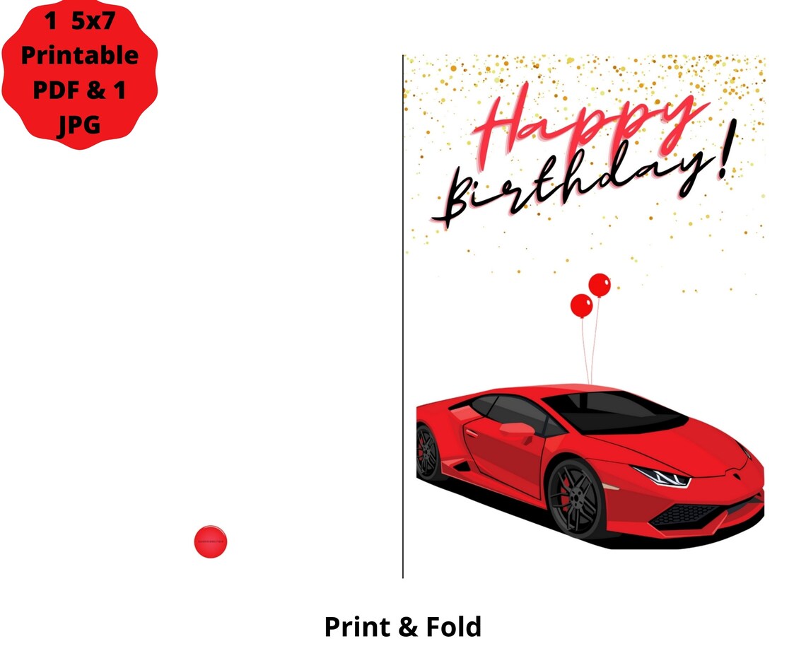 Printable Birthday Card. Instant Download 5x7 Red Sports Car | Etsy