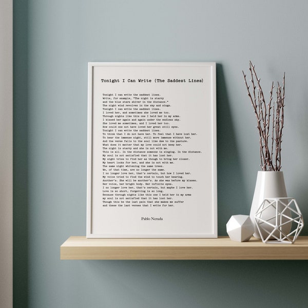 Pablo Neruda Poem Print, Tonight I can write the saddest lines, Poetry Wall Art