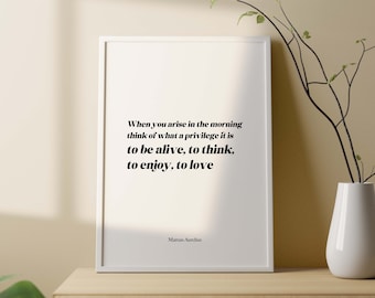 May include: A white framed print with a black and white quote by Marcus Aurelius that reads "When you arise in the morning think of what a privilege it is to be alive, to think, to enjoy, to love".