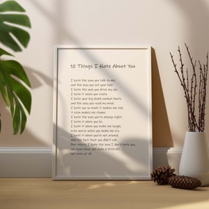 10 things I hate about you poem sonnet print, Poetry Wall Art Decor, Movie Quote Poster