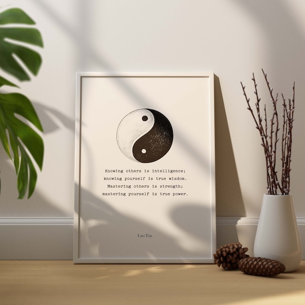 Lau Tzu Quote Print, Knowing yourself is true wisdom, Mastering yourself is true power, Taoism Philosophy, Yin Yang Decor