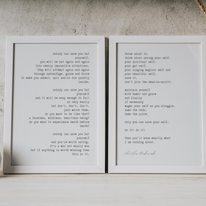 Conjunto de 2 impresiones digitales de arte mural &quot;Nadie más que tú&quot;, poema de Charles Bukowski. &quot;Nadie puede salvarte excepto tú mismo&quot;.