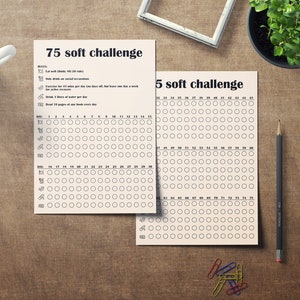 Puede incluir: Dos hojas blancas impresas con el texto "75 soft challenge" y una cuadrícula de verificación. Las hojas están sobre una superficie de madera con una taza de café, un lápiz, un cuaderno y una planta. El texto incluye objetivos diarios.