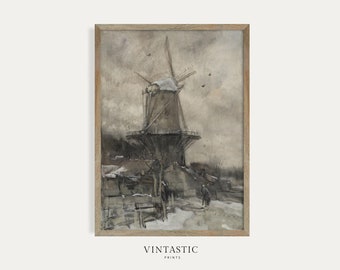 Vintage Dutch Landscape Wall Art | Antique Windmill Art Print | Digital PRINTABLE Painting | #84