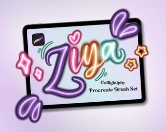 May include: A digital tablet displays the name "Ziya" in neon-style lettering, surrounded by decorative shapes. The text "Calliglaiphy Procreate Brush Set" is also visible. The design features a soft, gradient background.