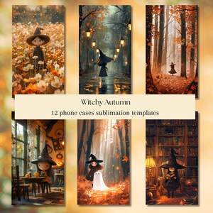 Op de afbeelding: Een verzameling van 12 telefoonhoesjes sublimatie sjablonen met het thema "Witchy Autumn". De ontwerpen tonen grillige illustraties van heksen in verschillende herfstomgevingen, waaronder bloemenvelden, regenachtige straten en gezellige interieurs.