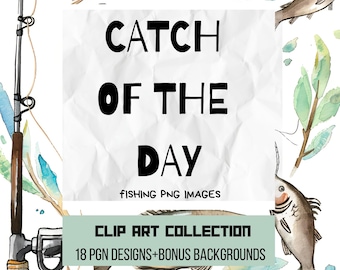 Vangst van de dag visser Clip Art bundel PNG aquarel vis en hengels sublimatie Scrapbooking Graphics 300 DPI rustiek buiten