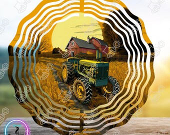 May include: A decorative metal wind spinner featuring a farm scene. The image shows a green and yellow tractor on a dirt road, with a red barn and a yellow sun in the background. The spinner has a layered, circular design.