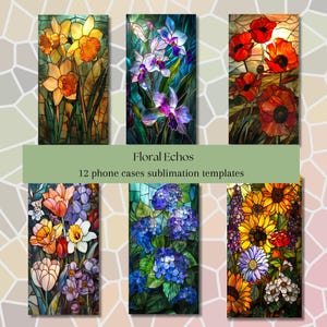 Coleção de capas de celular com sublimação de vidro colorido Floral Echos DIY Pacote de modelos Capas de celular florais iPhone Samsung Tamanho único PNG