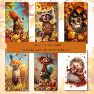 Op de afbeelding: Twaalf sublimatiedesigns voor telefoonhoesjes met cartoondieren in herfstachtige omgevingen. De ontwerpen omvatten een eekhoorn, een wasbeer, een uil, een vos, een kalkoen en een egel.