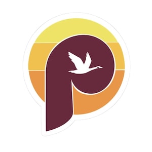 May include: A sticker featuring a stylized design with a white flying goose inside a burgundy shape. The design is set against a backdrop of yellow, orange, and burgundy horizontal stripes, creating a retro aesthetic.