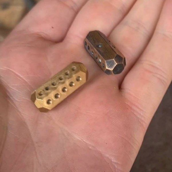 Small Hand forged brass pill dice 25mm Solid Brass. Hexagonal dice. Roman dice.